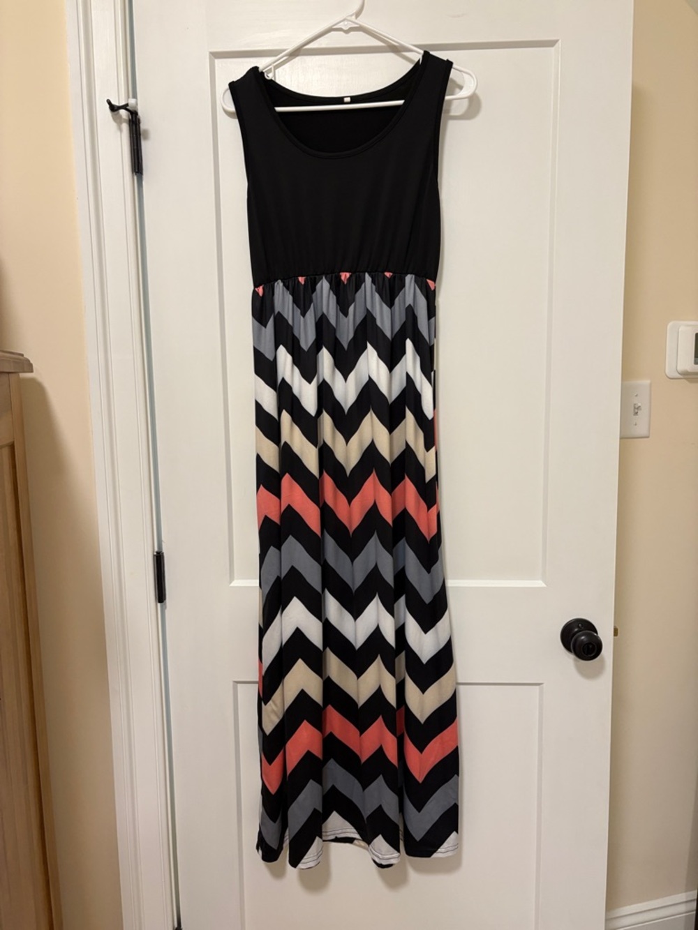 Amazon Black Maxi Dress with Coral, Gray, Cream & White Chevron Skirt